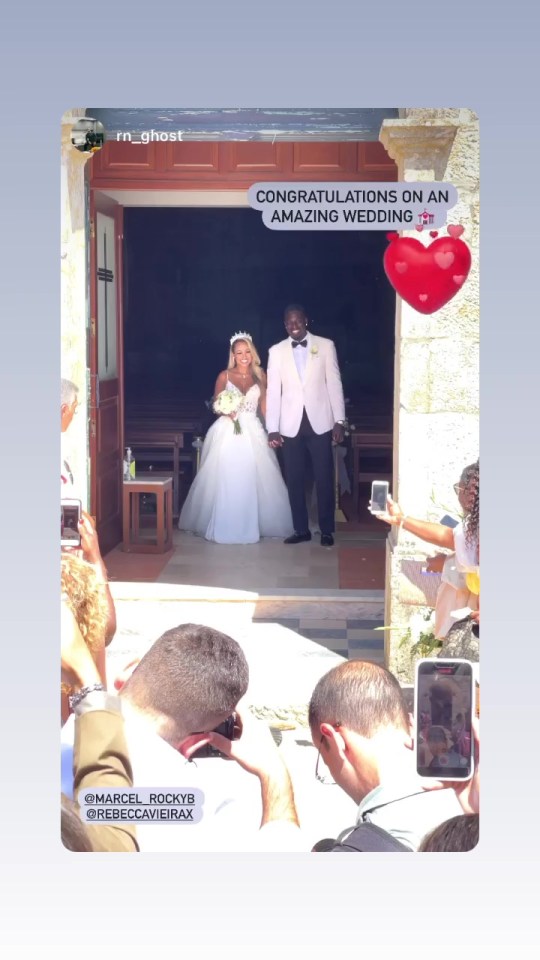 Marcel and bride Rebecca beamed as they greeted their family and friends in the baking sunshine