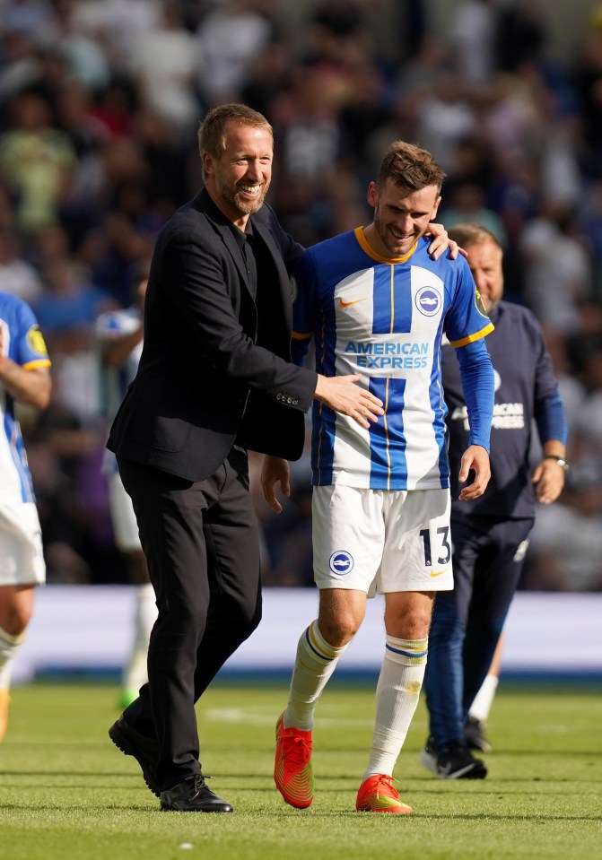 Graham Potter celebrates with match-winner Pascal Gross after his winner against Leeds