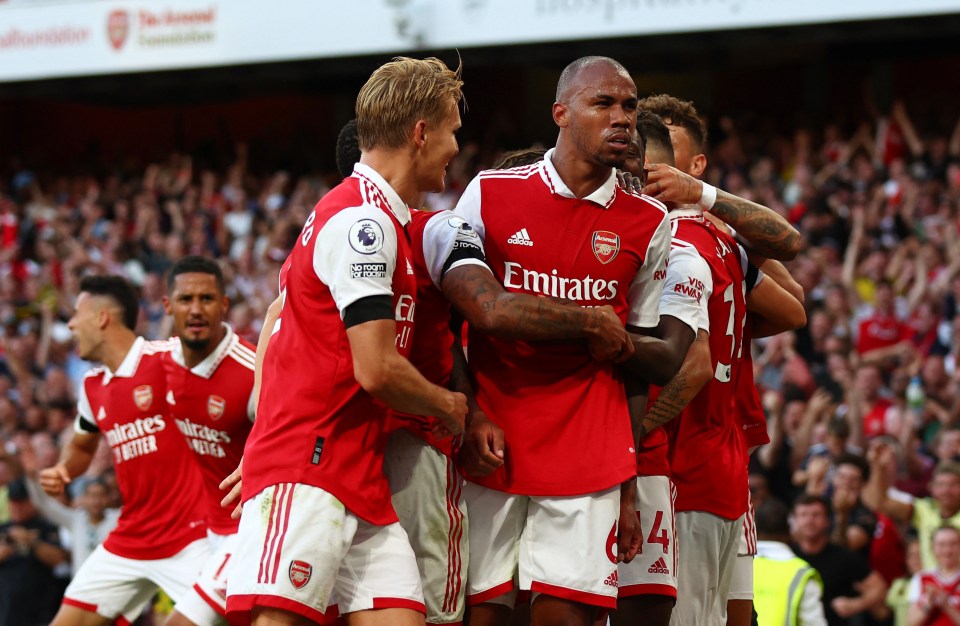 Brazilian defender Gabriel was mobbed by his team-mates after his strike against Fulham