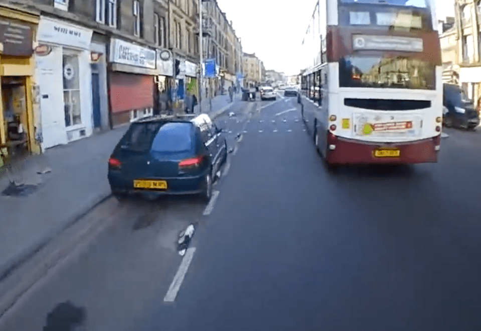 The Peugeot is clearly obstructing the cycle lane on this stretch of road