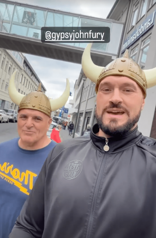 Even dad John got in on the act - joining his son in wearing Viking helmets