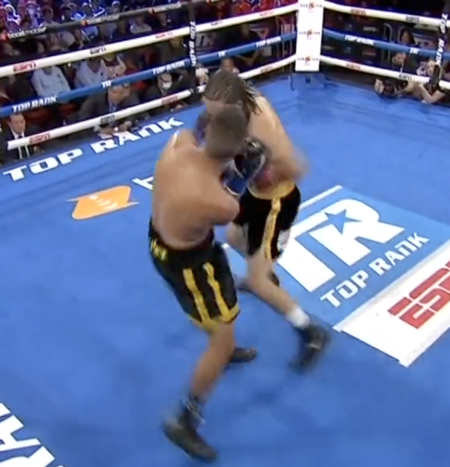 Walsh delivered a brutal body shot to back opponent Sanchez up against the ropes