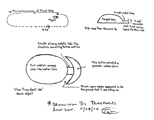 Sketches of the UFO drawn by Captain Bradford Runyon Jr