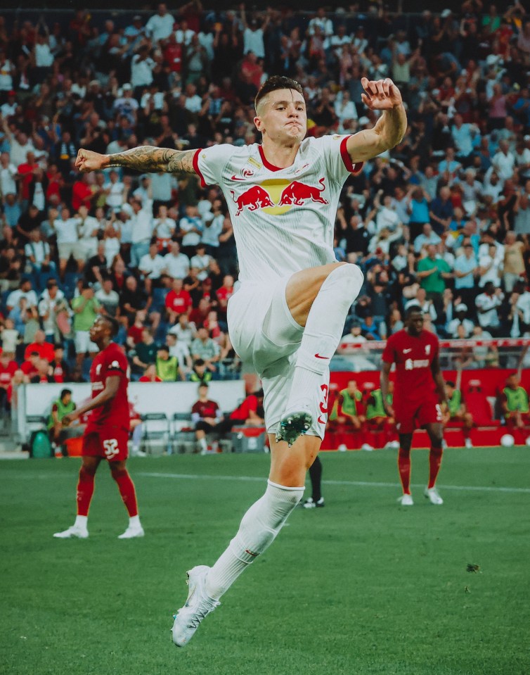 Benjamin Sesko celebrates scoring against Liverpool in a preseason friendly