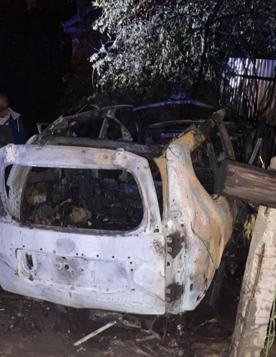 A burnt out Toyota Land Cruiser Prado was pictured at the scene