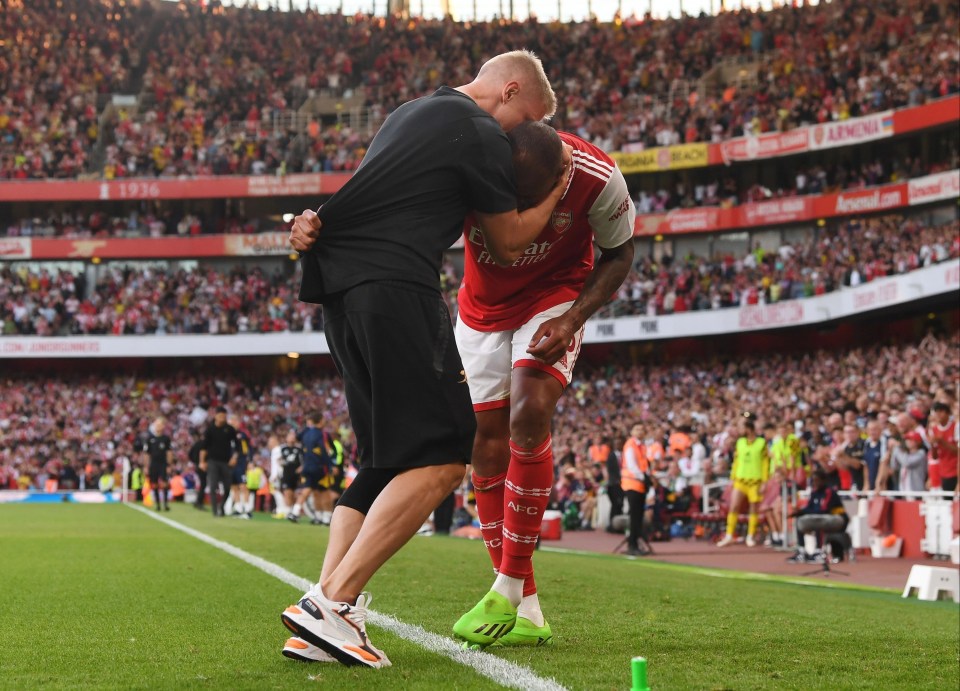 Zinchenko also ran to celebrate with Gabriel, who scored the winning goal