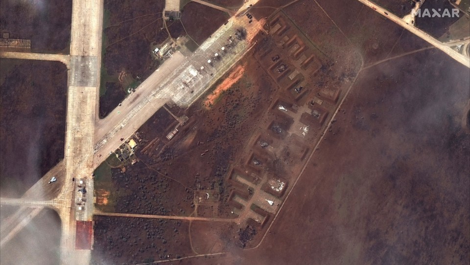 Aerial images show damage at Russia's Saki military air base after it was hit in a suspected Ukrainian strike on August 10