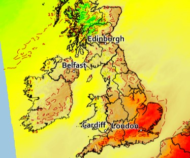 The latest UK weather map from the Met Office shows heat sweeping the UK