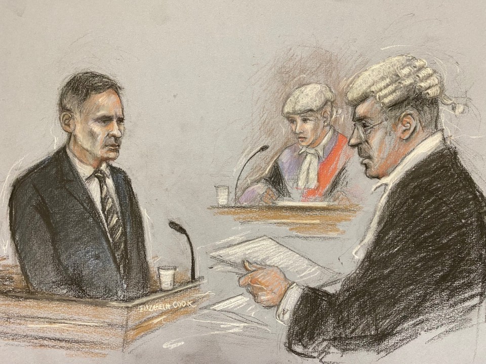 A court sketch of the former footballer giving evidence at Manchester Crown Court