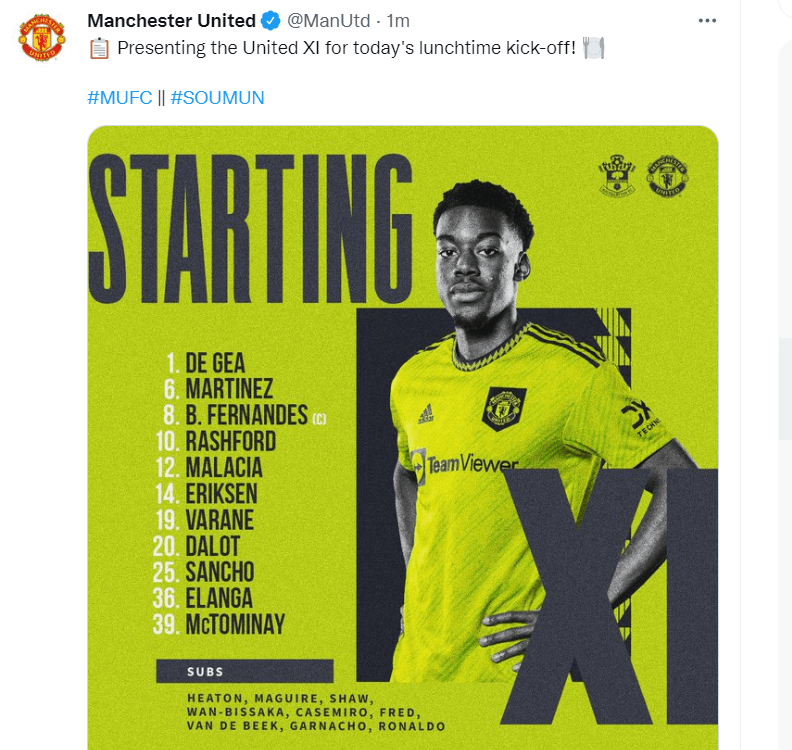 Manchester United's starting XI vs Southampton. Credit: @ManUtd via Twitter.