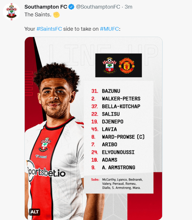 Southampton's team against Manchester United. Credit: @SouthamptonFC via Twitter.