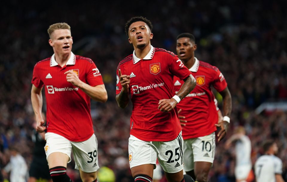 Jadon Sancho celebrates putting Manchester United into the lead