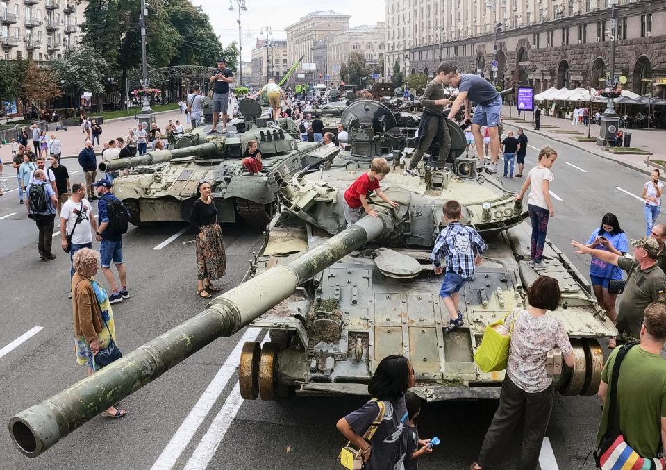 A column of wrecked Russian tanks has become a tourist attraction in the Ukrainian capital Kyiv