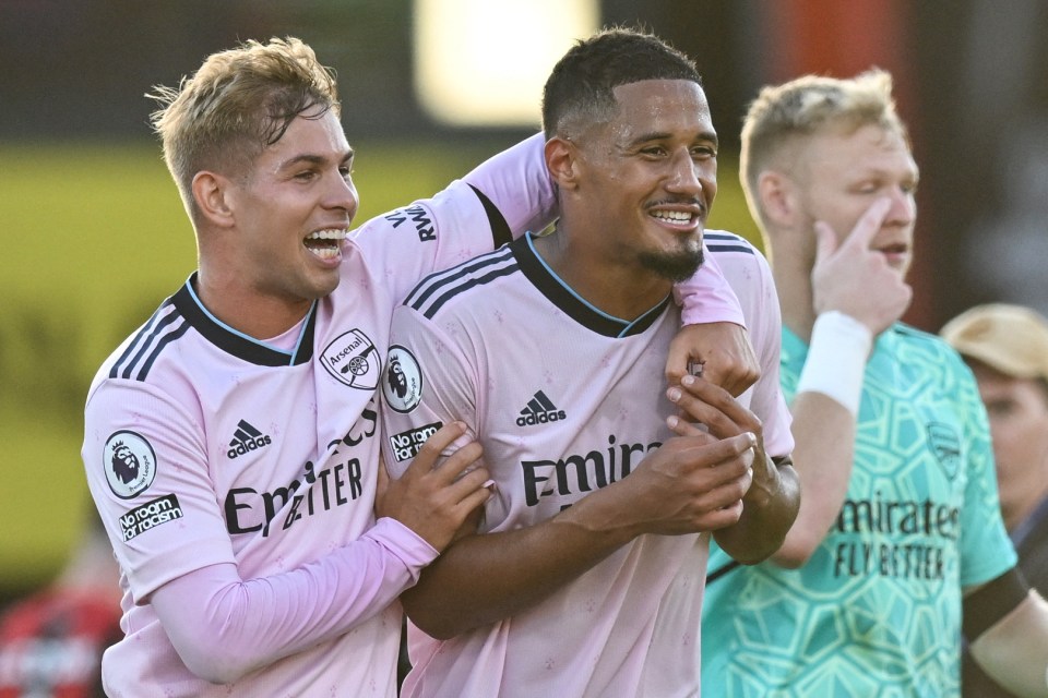 William Saliba (right) scored his first goal for the club in spectacular fashion