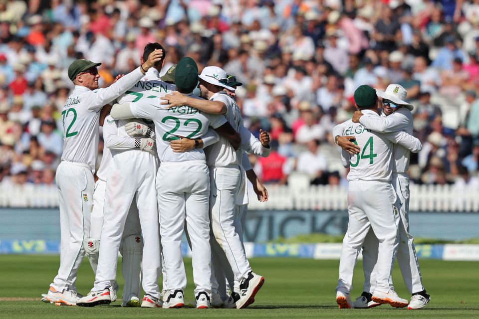 South Africa celebrate a huge win after England’s James Anderson was bowled by  Marco Jansen on day three at Lord's