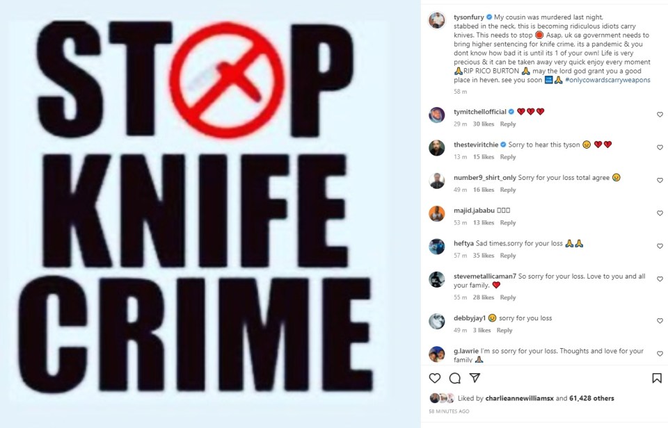 He urged the Government to increase sentences for knife violence in a moving post on Instagram