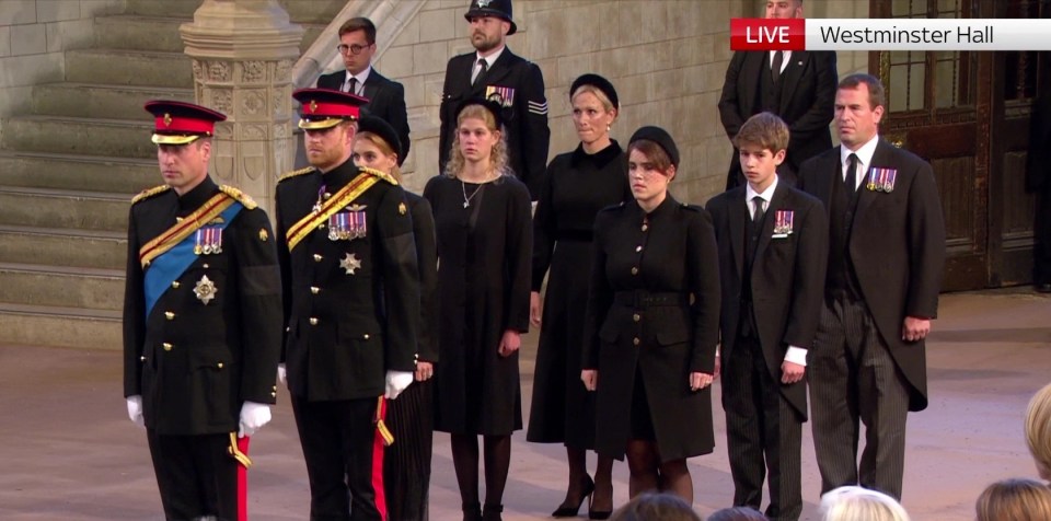 The Queen's grandchildren walked in step to their positions around the coffin before a 15-minute period of reflection