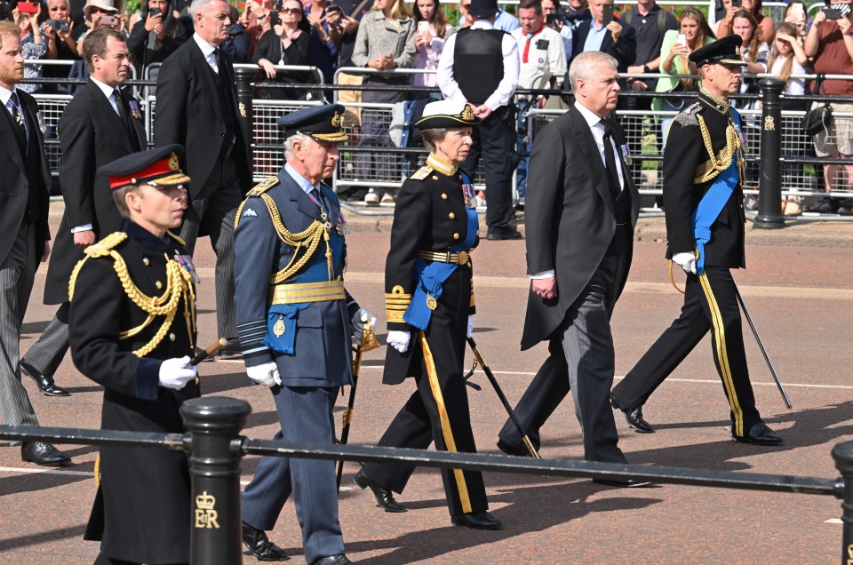 The Queen's children are leading the procession followed by Harry and William