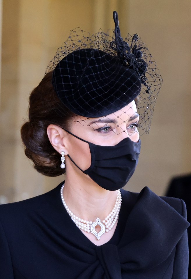 Kate wore a Japanese Pearl Choker necklace, paired with Bahrain Diamond and Pearl Drop earrings for Prince Philip's funeral in 2021