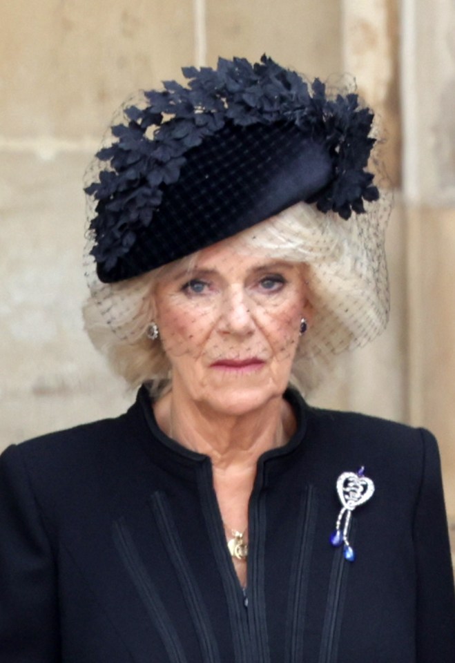 QUEEN Consort Camilla wore Queen Victoria’s heart-shaped Hesse Diamond Jubilee Brooch during her late mother-in-law's state funeral today