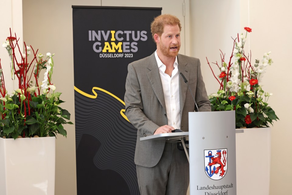 Prince Harry, Duke of Sussex makes a speech during the Invictus Games Dusseldorf 2023 – One Year To Go events