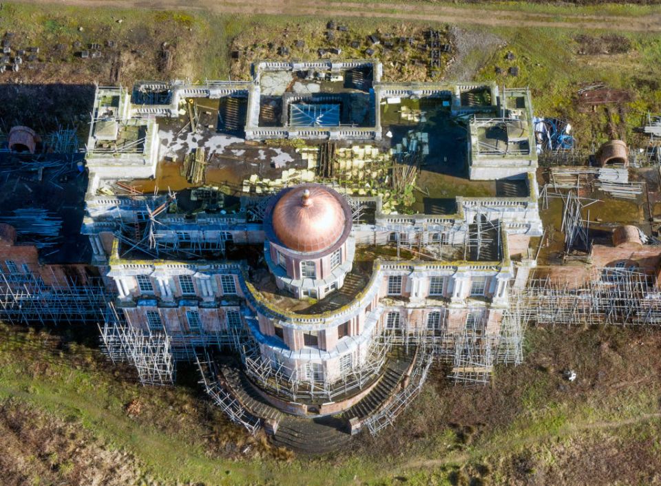 An aerial view of Hamilton Palace on March 6, 2020, shows the golden dome mausoleum