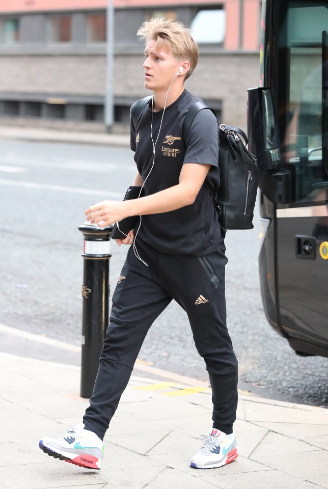 Captain Odegaard was a doubt for Sunday’s Man Utd battle but is at the team hotel ahead of the clash