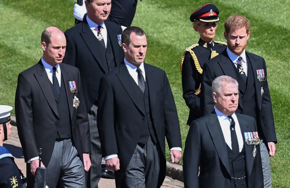 William and Harry were separated by cousin Peter Phillips as they followed Prince Philip’s cortege at his funeral