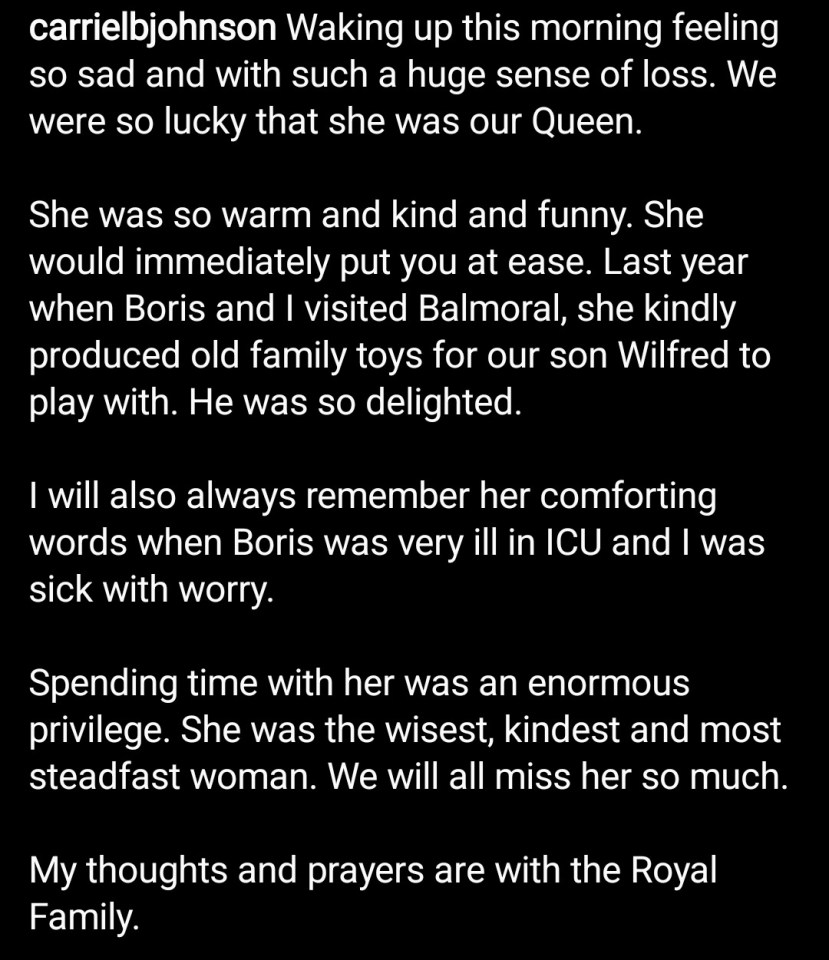 A tribute shared on Instagram by Mrs Johnson praised The Queen for her kindness and wisdom