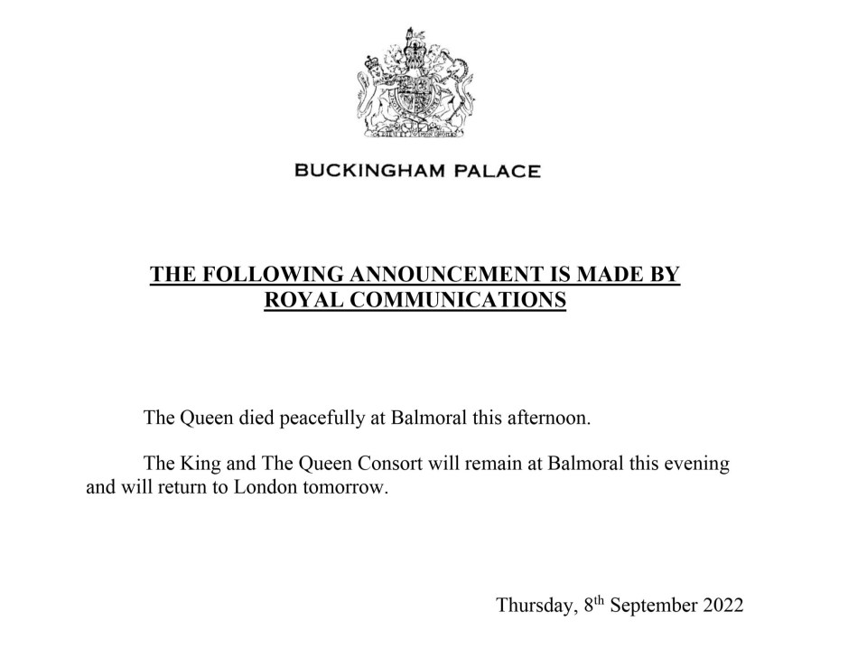 The Queen's death is announced tonight