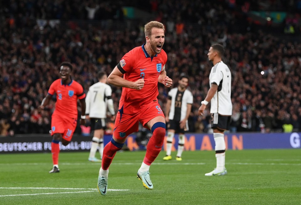 Harry Kane celebrates his goal against Germany last night