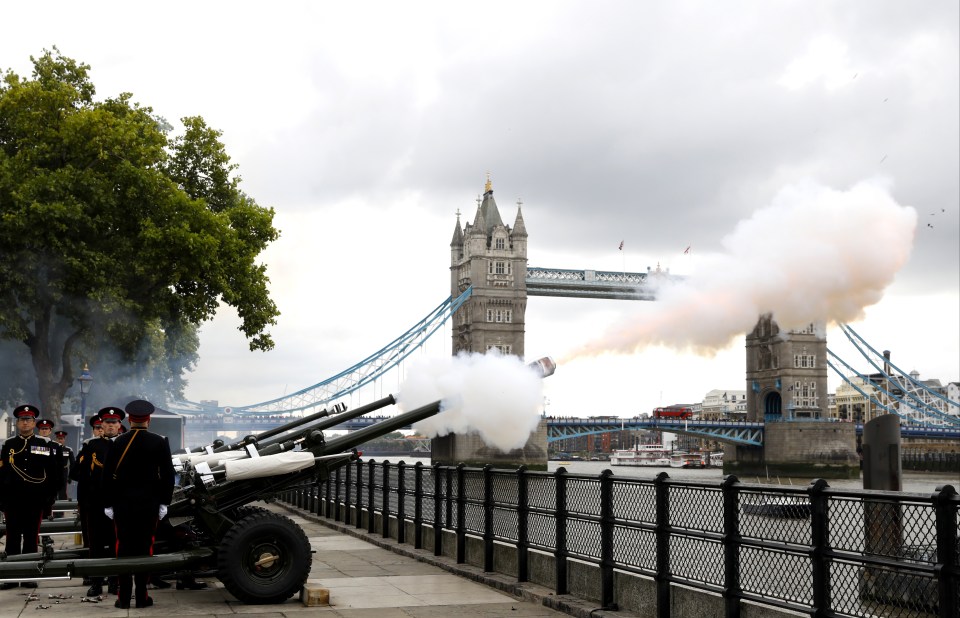 Gun salutes — one round for every year of the Queen’s life — were fired in Hyde Park and at other stations