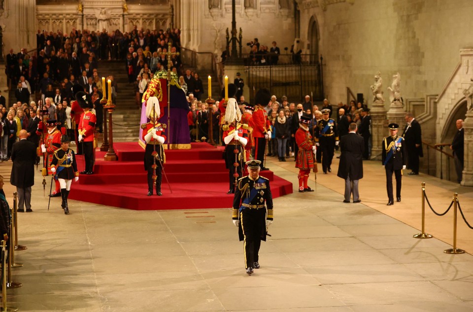 King Charles lll, Princess Anne, Princess Royal, Prince Andrew, Duke of York and Prince Edward, Earl of Wessex attend a vigil inside Westminster Hall