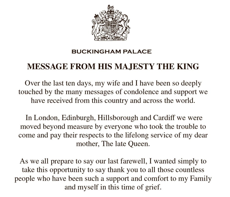 'As we all prepare to say our last farewell, I wanted simply to take this opportunity to say thank you', the King wrote