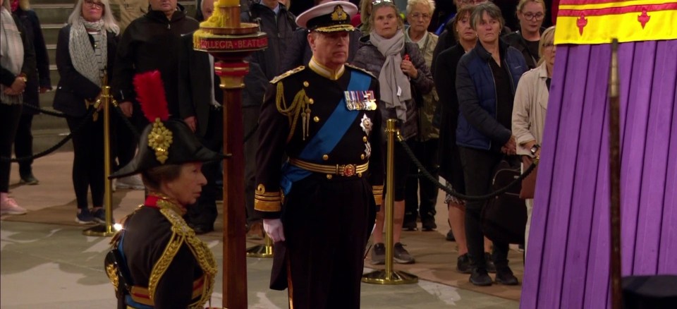 Prince Andrew wore military uniform as he stood vigil beside his mother's coffin on Friday