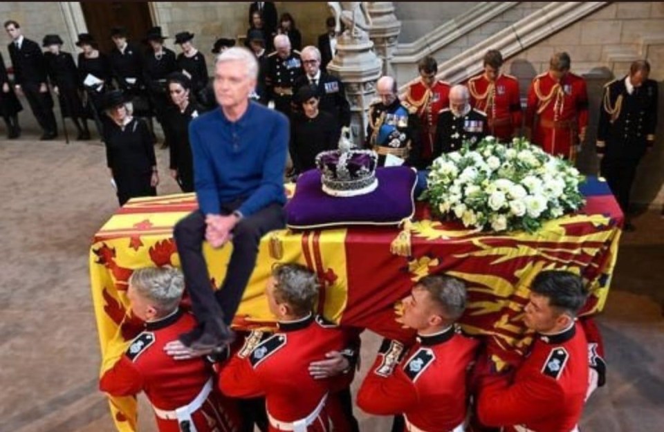 In one meme, Phillip was photoshopped from the This Morning sofa and was seen perching on top of the Queen’s coffin