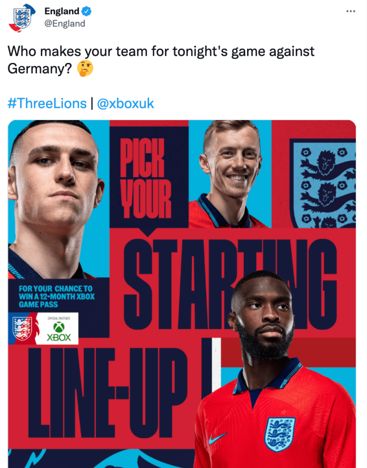 England used pictures of James Ward-Prowse and Fikayo Tomori when asking fans to build their team for the game, despite neither being in the matchday squad