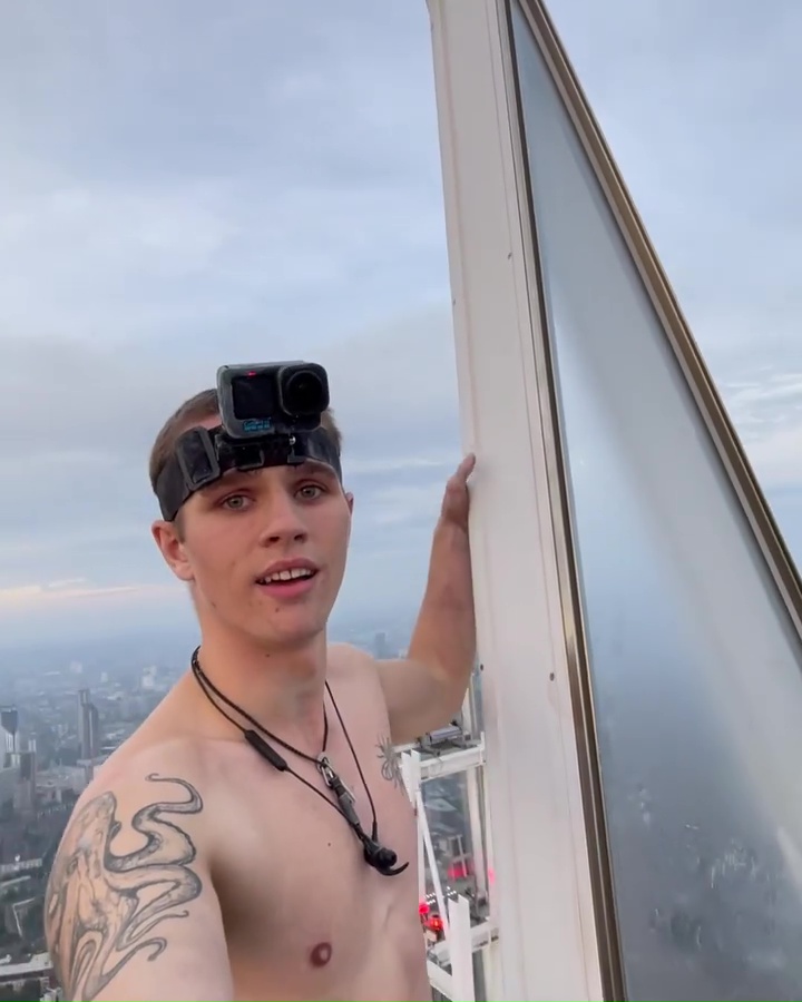 Adam Lockwood, 21, climbed to the top of The Shard before taking a topless selfie as he balanced precariously on a narrow metal girder