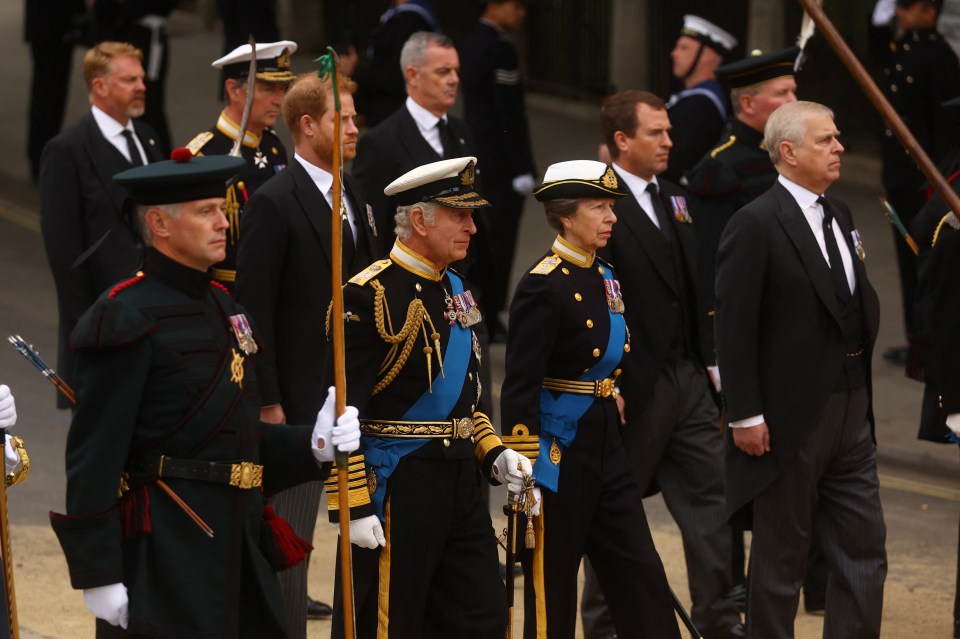 The Royal Family, led by The King, follow The Queen’s coffin into Westminster Abbey on Monday