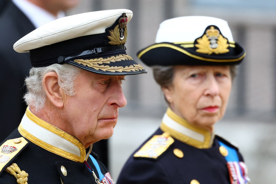 Princess Anne shot a concerned look at King Charles as the pair mourned their mother's death