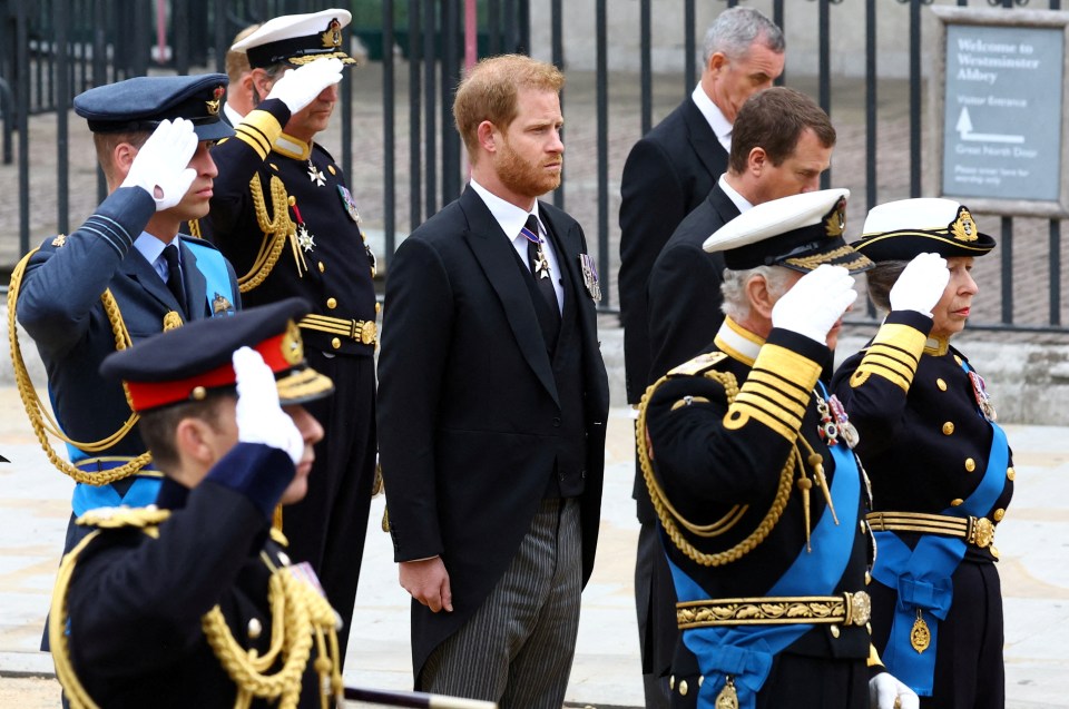 The Duke of Sussex standing with his family as they salute during the funeral