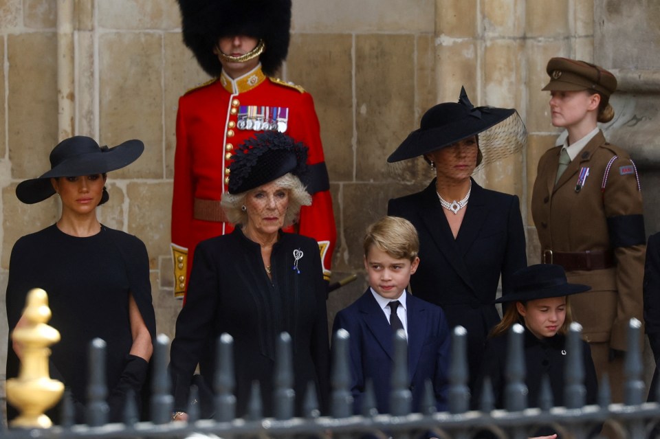 The Duke of Sussex, Queen Consort Camilla, Princess of Wales, Prince George and Charlotte at Westminster