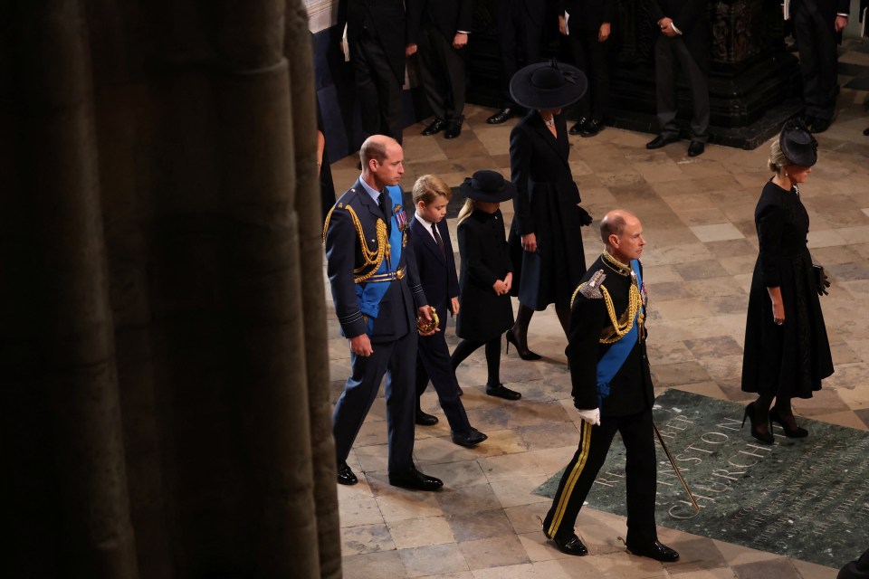 Prince William, the Prince of Wales, was joined by his son Prince George and daughter Princess Charlotte, as well as wife Catherine, the Princess of Wales, at Queen Elizabeth II's funeral on Monday