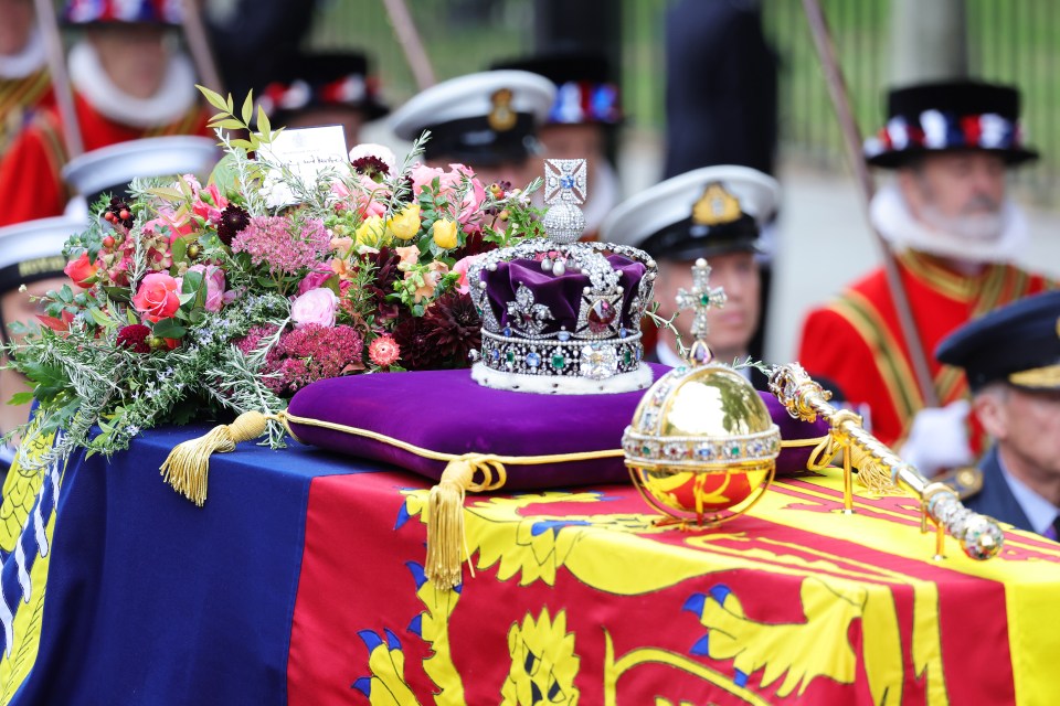 The Imperial State Crown was carried on top of The Queen’s coffin with the Orb and Sceptre