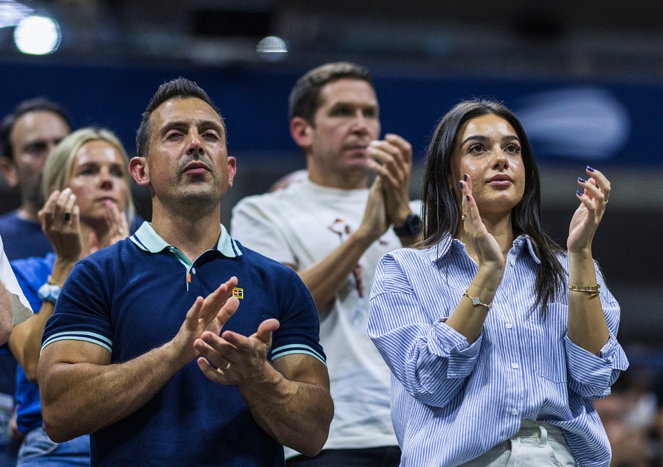 Kyrgios is being cheered on by his support team including girlfriend Costeen Hatzi