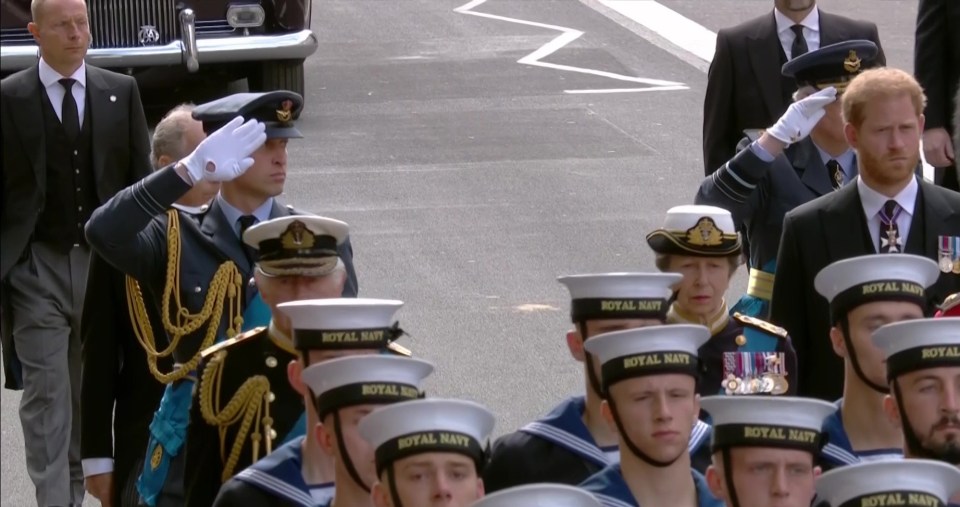 Prince Harry was unable to salute both the coffin and the Cenotaph when the procession passed the war memorial on Whitehall in Westminster