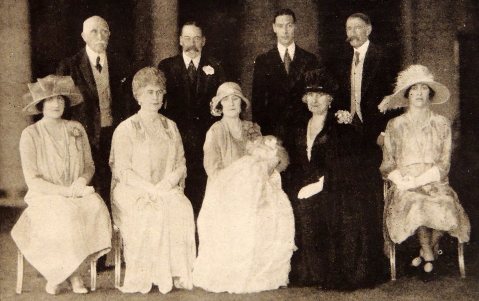 Christening... from left: aunt Lady Elphinstone, Prince Arthur, Queen Mary, King George, Duchess and Duke of York, Countess and Earl Strathmore, aunt Princess Mary