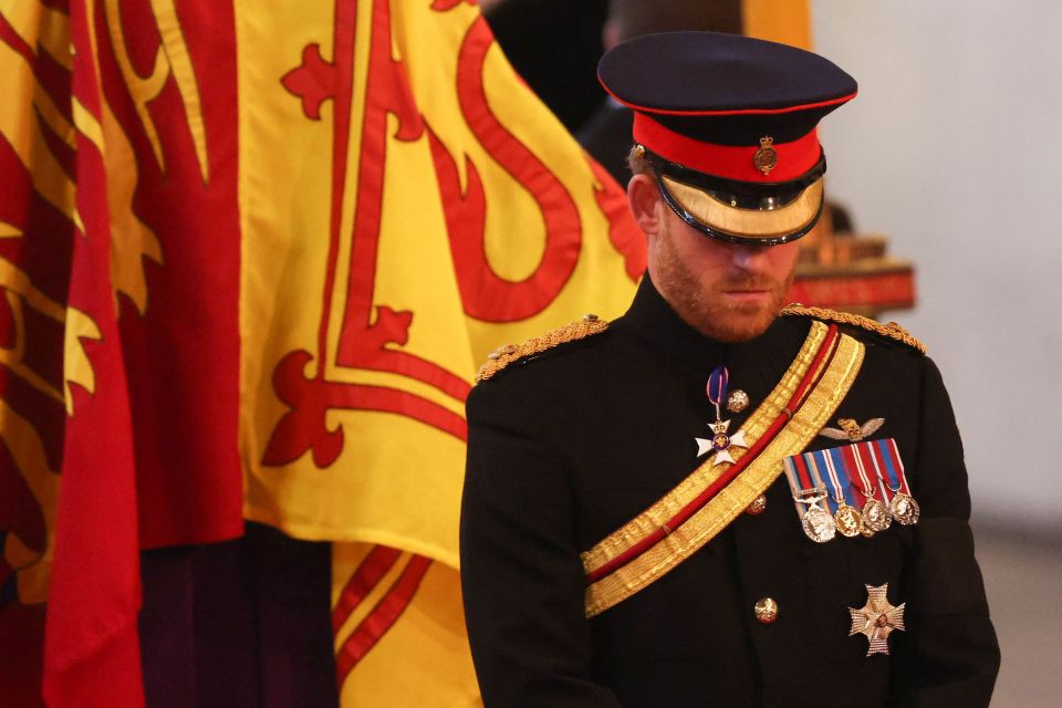 Harry stood at the foot of the coffin, flanked by his cousins Beatrice and Eugenie