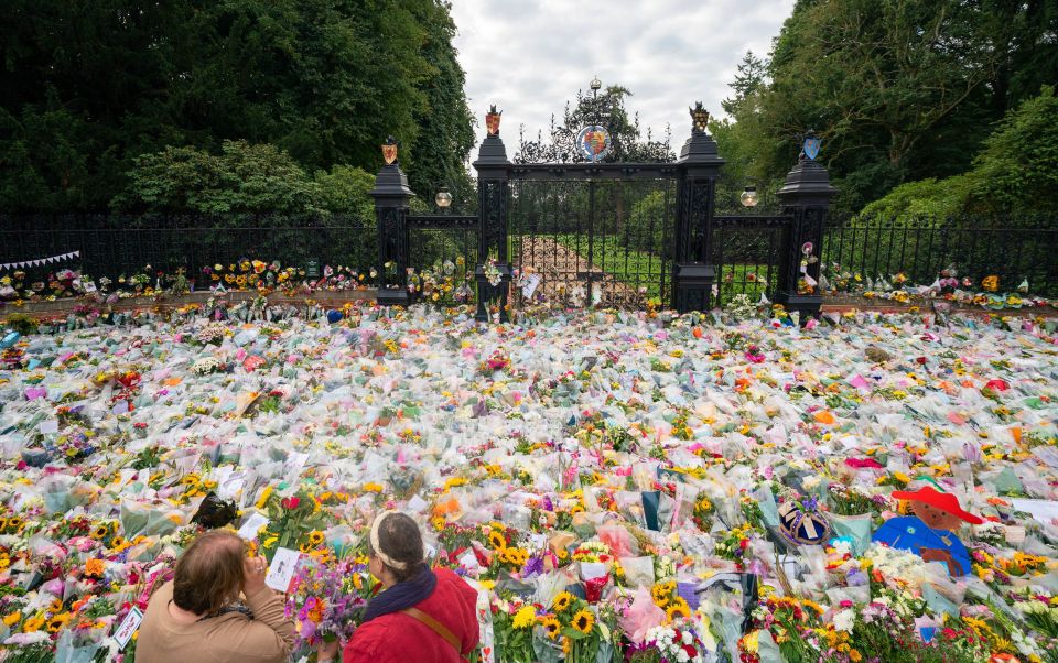 Flowers left by members of the public at the gates of Sandringham House in Norfolk