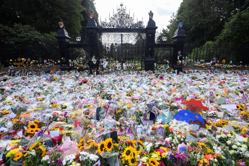 Tributes, including flowers, notes and Paddington Bear toys, at Sandringham